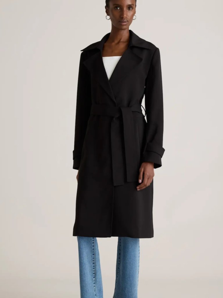 Quince Stretch Crepe Trench Coat Black Belted Lightweight Jacket Size Small Nwt